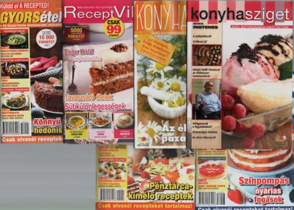 6 db receptfüzet. Filléres ételek 2012/2, 2018/3 különszám, Gyors ételek 2018/5 különszám, Receeptvilág 2014/3. szám, Konyhasziget 2013/3. szám, 2016/4. szám, Legjobb ár