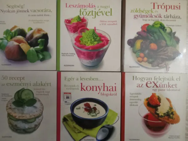 6 db. receptes könyv: 50 recept az eszményi alakért + Hogyan felejtsük el az exünket ... + Trópusi gyümölcsök és zöldségek tárháza + Segítség! Nyolcan jönnek vacsorára + Leszámolás a nagyi fősztjével + Egér a levesben... Recept Akció