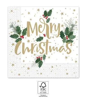 Karácsonyi Holly Merry szalvéta 20 db-os 33x33 cm FSC Árengedmény