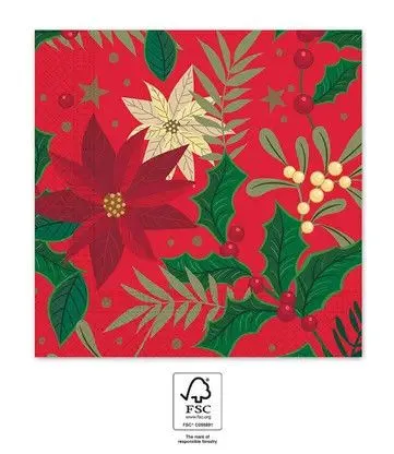 Karácsonyi Holly Poinsettia szalvéta 20 db-os 33x33 cm FSC Kiárusítás