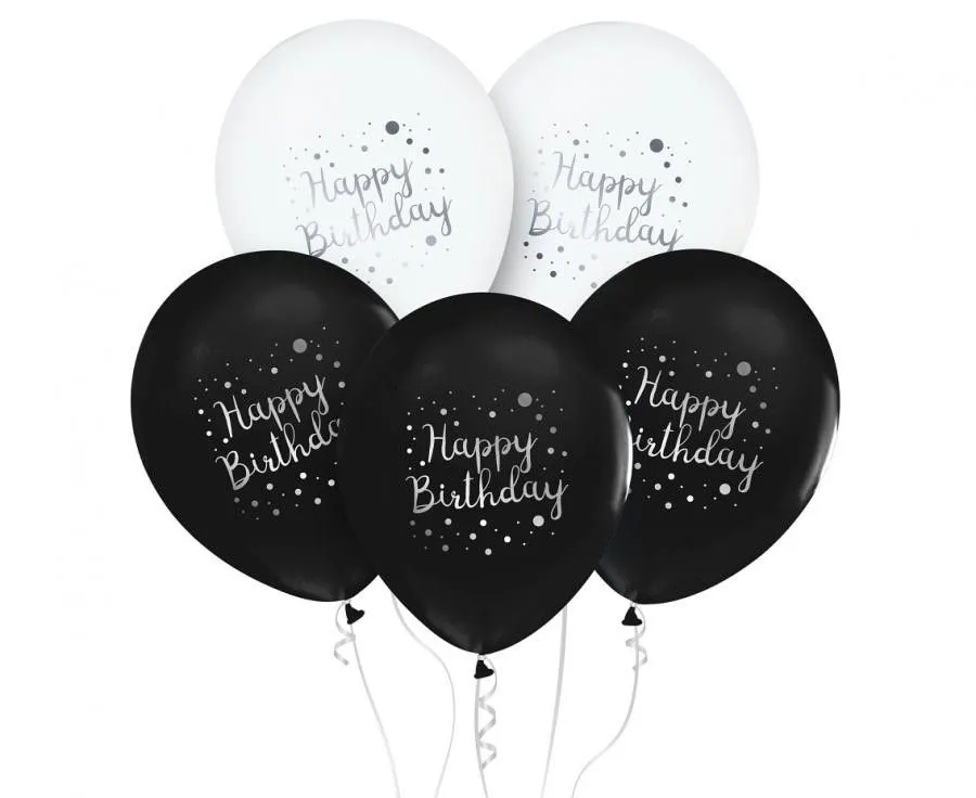 Olcsó Happy Birthday Black léggömb, lufi 5 db-os 12 inch (30cm)